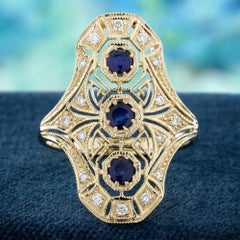 14K Yellow Gold Blue Sapphire and Diamond Art Deco Style Three stone Dinner Ring