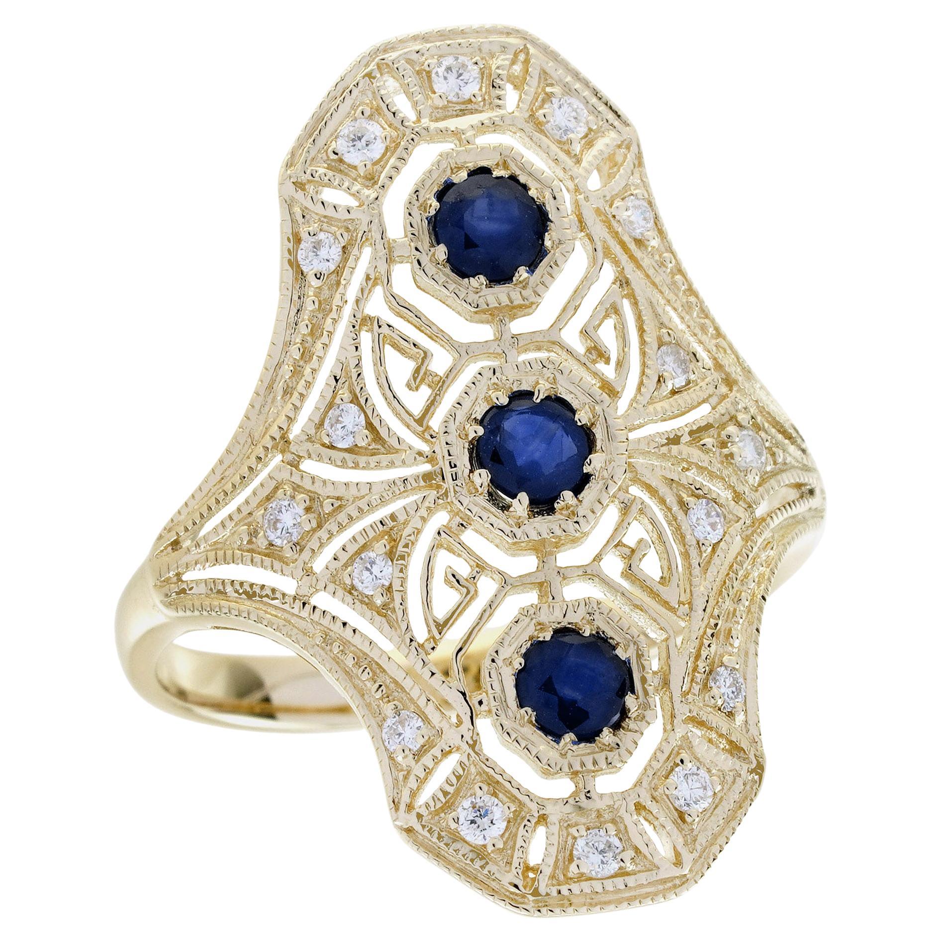 14K Yellow Gold Blue Sapphire and Diamond Art Deco Style Three stone Dinner Ring