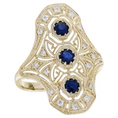 14K Yellow Gold Blue Sapphire and Diamond Art Deco Style Three stone Dinner Ring