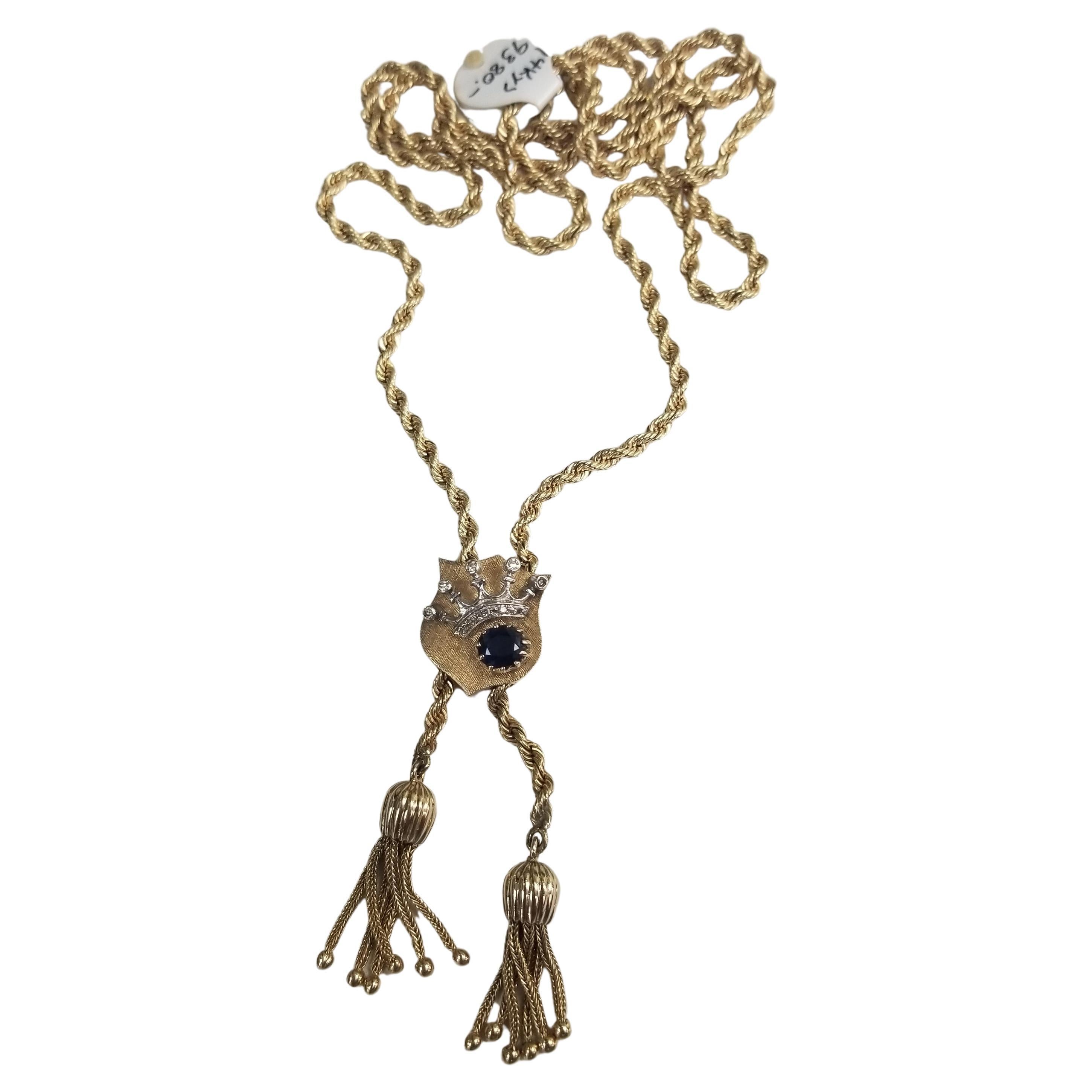  14K yellow gold blue sapphire and diamond "Bolero" adjustable on 3mm rope For Sale