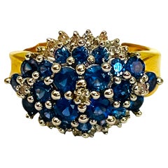 14k Yellow Gold Blue Sapphire and Diamond Cluster Ring with Appraisal
