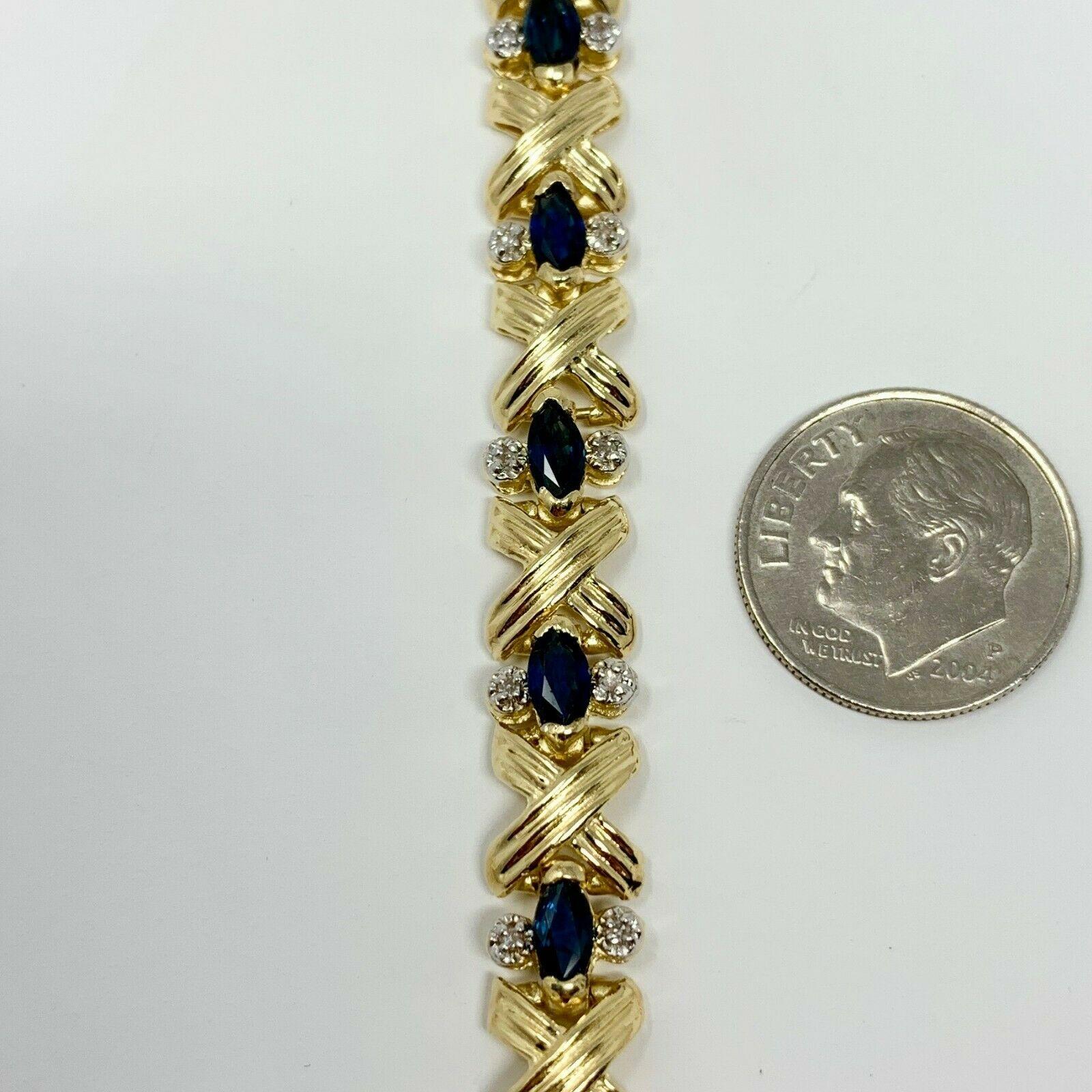 Marquise Cut 14 Karat Yellow Gold Blue Sapphire and Diamond Link Bracelet