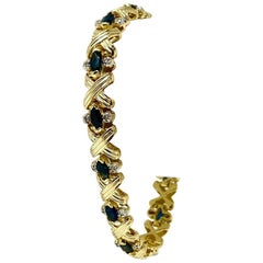 14 Karat Yellow Gold Blue Sapphire and Diamond Link Bracelet