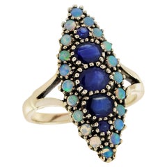 14K Yellow Gold Blue Sapphire and Opal Vintage Style Cluster Ring