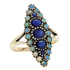 14K Gelbgold Blauer Saphir und Opal Vintage Style Cluster Ring
