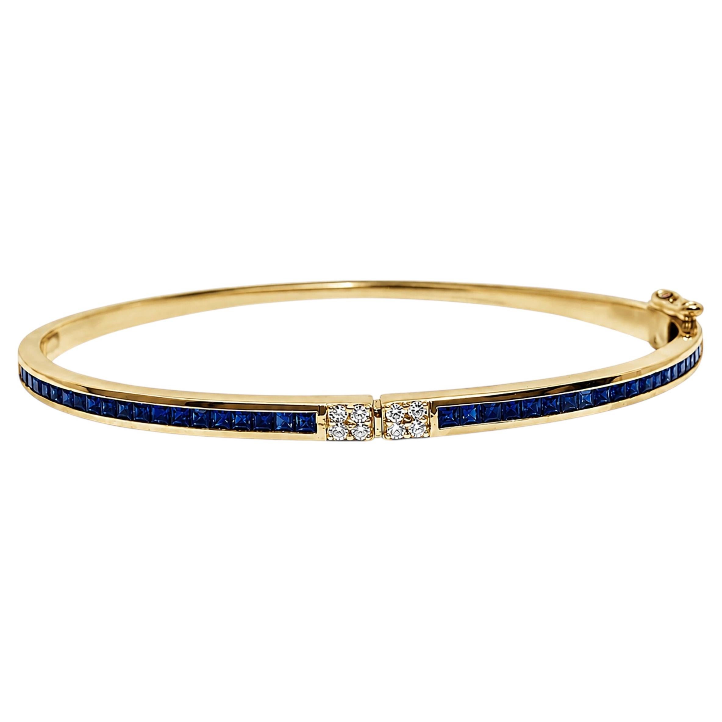 14K Yellow Gold Blue Sapphire & Diamond Bangle Bracelet Handmade Gold Bangle