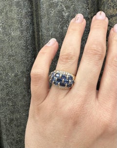 14k Yellow Gold Blue Sapphire & Diamond Domed Bar Set Wide Band Ring