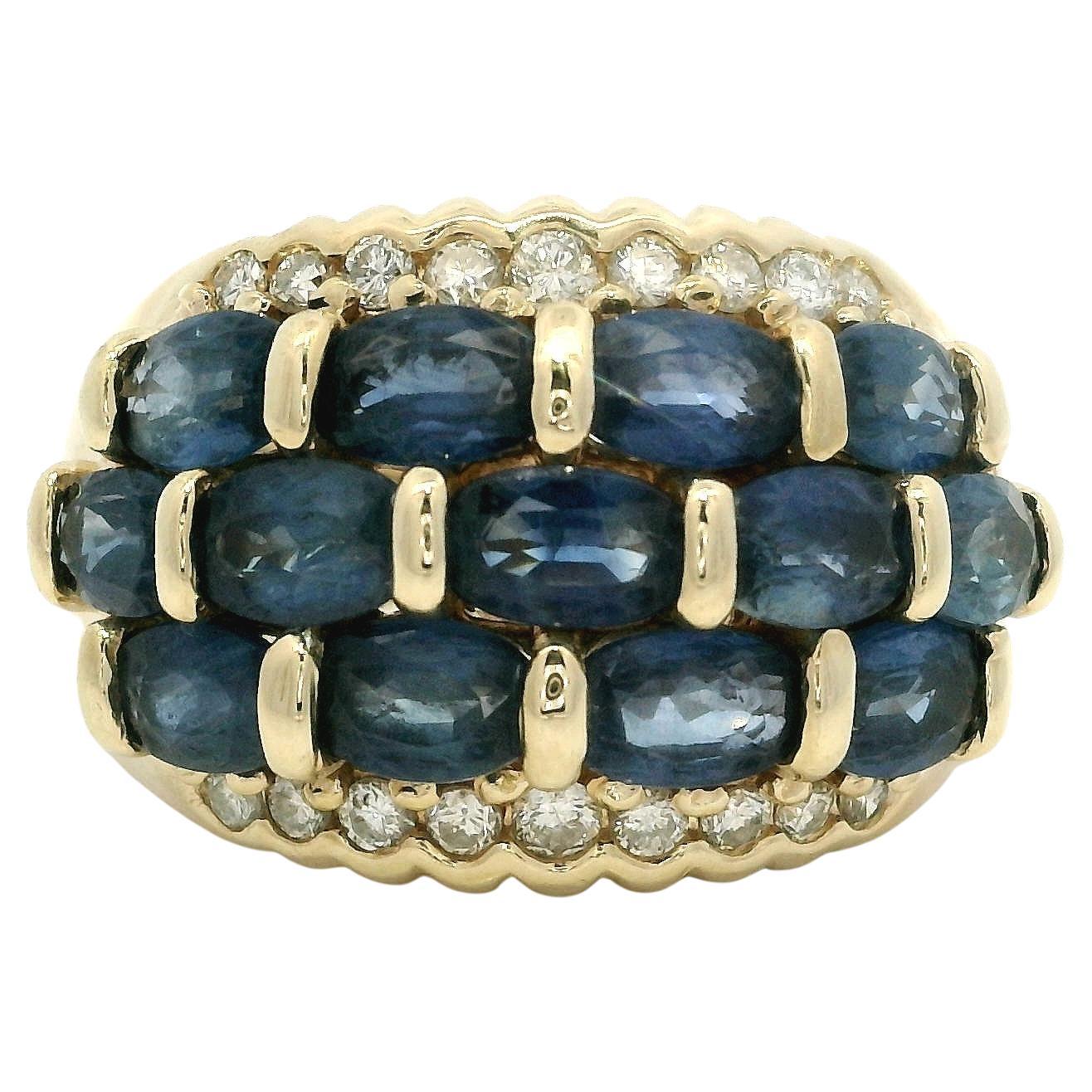 14k Yellow Gold Blue Sapphire & Diamond Domed Bar Set Wide Band Ring