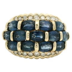 Bague jonc large en or jaune 14 carats sertie de saphirs bleus et de diamants en forme de dôme