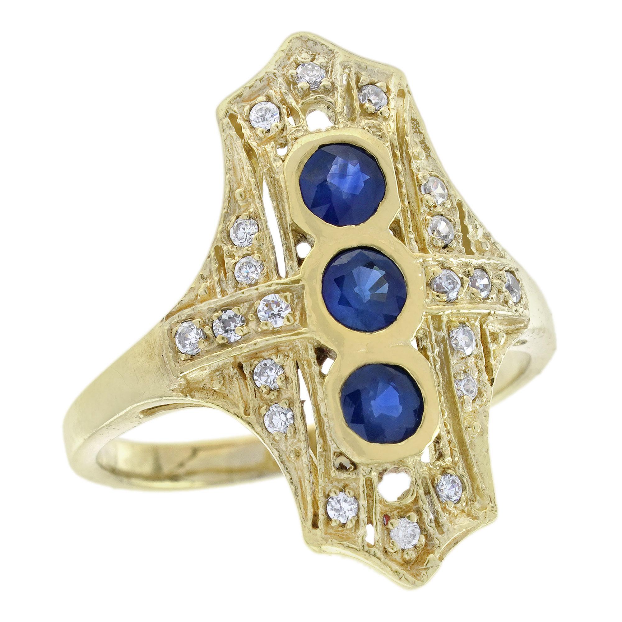 Or jaune 14K Filigrane saphir bleu diamant Bague à trois pierres