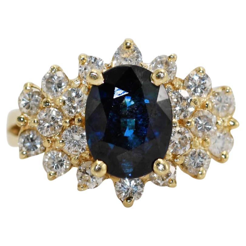 14K Yellow Gold Blue Sapphire & Diamond Ring, 5.2g For Sale