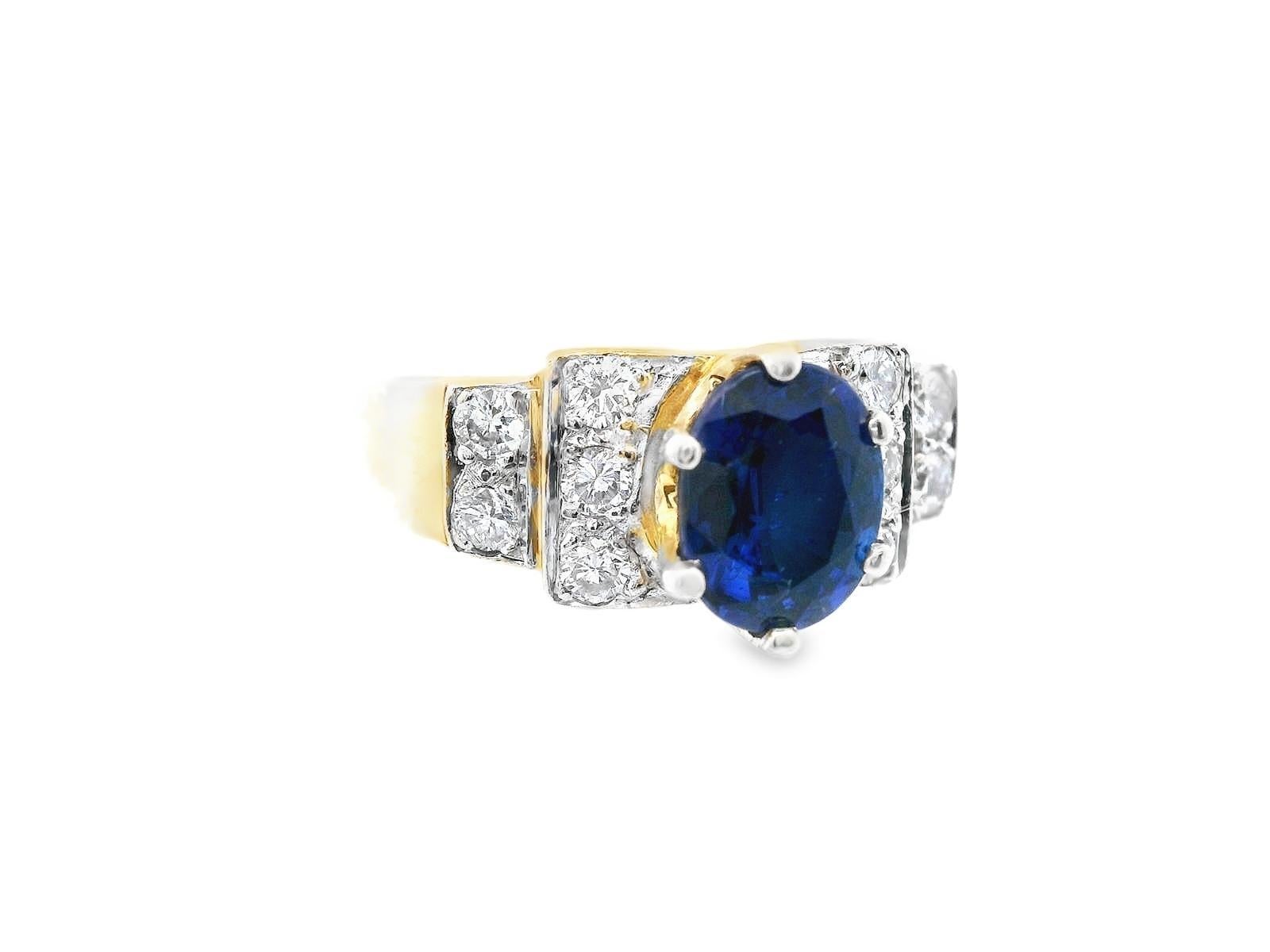 This is a stunning blue sapphire and diamond ring made in 14k yellow gold. Sapphire is said to bring luck, loyalty, happiness and love to its wearer, making this ring the perfect gift for that special someone or a loved one. The center of this ring