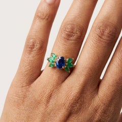 14K Yellow Gold Blue Sapphire Emerald Solitaire Ring 1.10 Ct Sapphire FloralRing