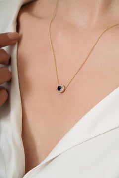 14K Yellow Gold Blue Sapphire Heart Pendant Necklace with Diamond Halo Bezel Set