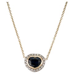 14K Yellow Gold Blue Sapphire Heart Pendant Necklace with Diamond Halo Bezel Set