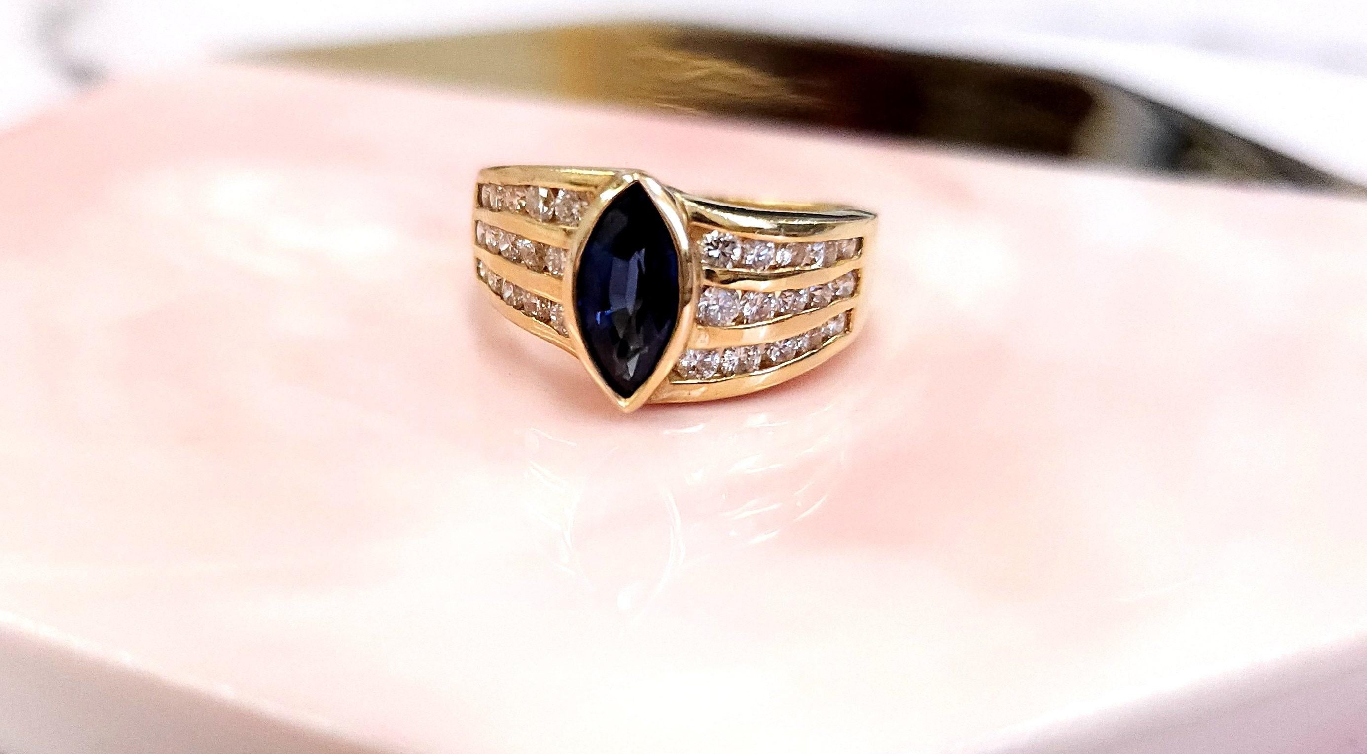 Contemporary 14K Yellow Gold Blue Sapphire Marquise European Shank Diamond Ring Band For Sale