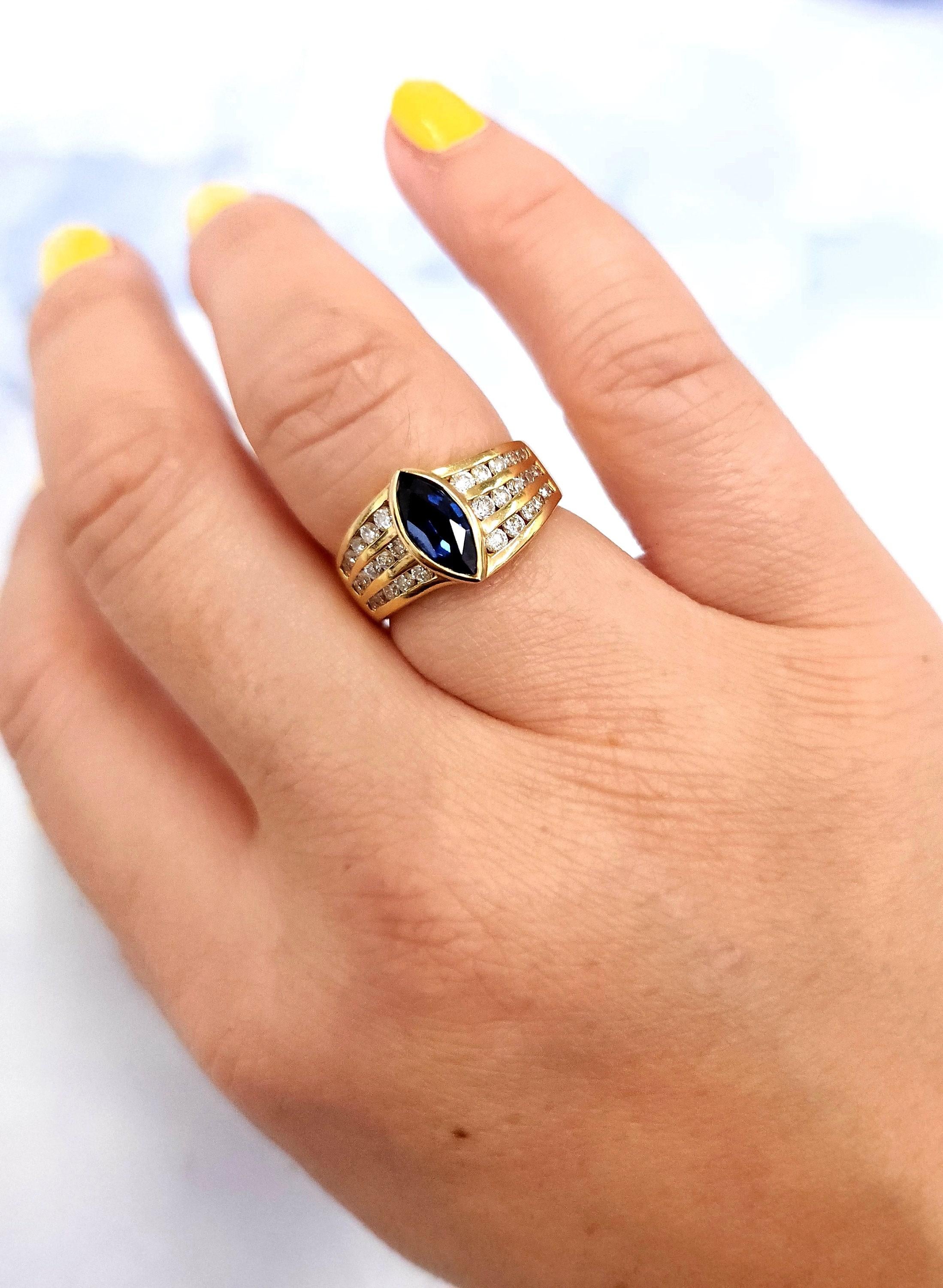 Marquise Cut 14K Yellow Gold Blue Sapphire Marquise European Shank Diamond Ring Band For Sale