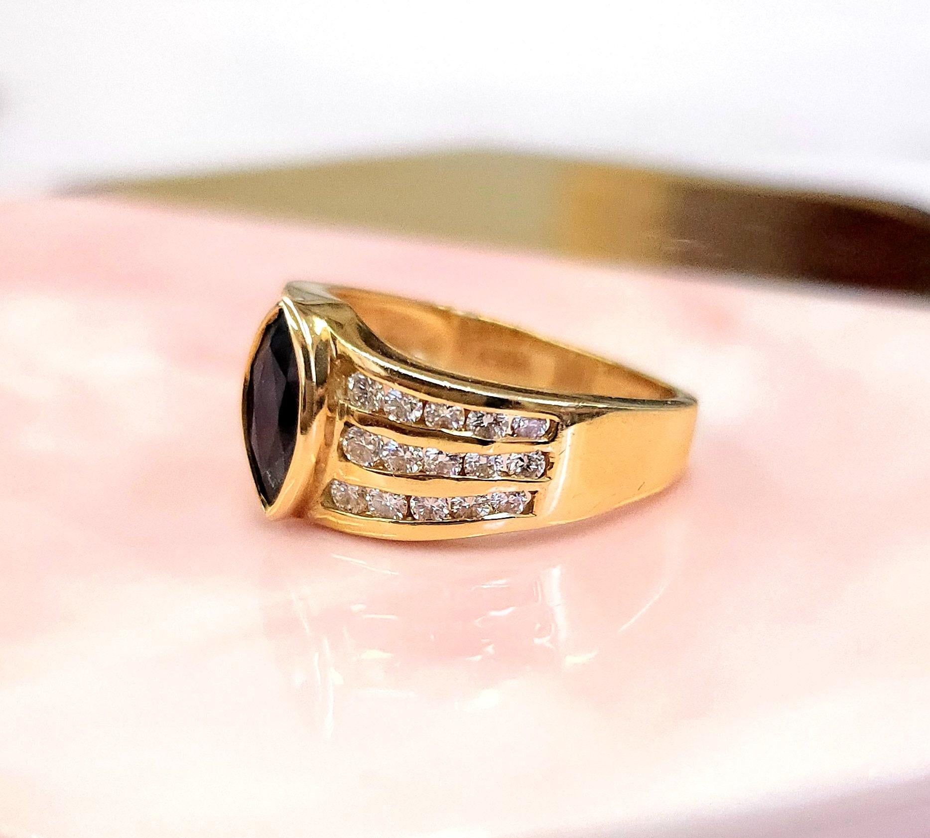 14K Yellow Gold Blue Sapphire Marquise European Shank Diamond Ring Band In Good Condition For Sale In Los Angeles, CA