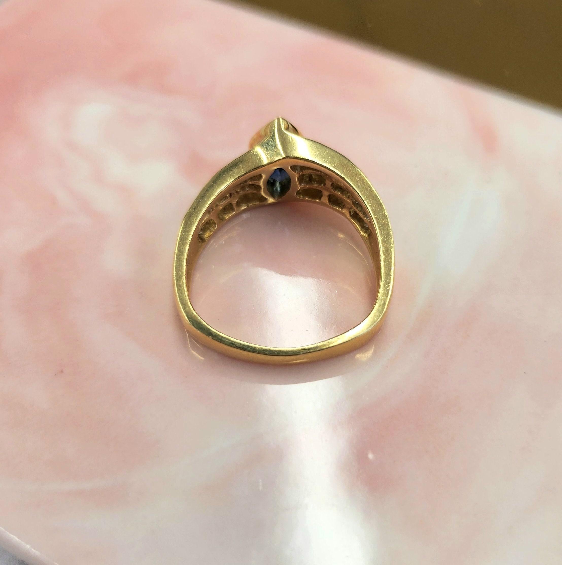 14K Yellow Gold Blue Sapphire Marquise European Shank Diamond Ring Band For Sale 1