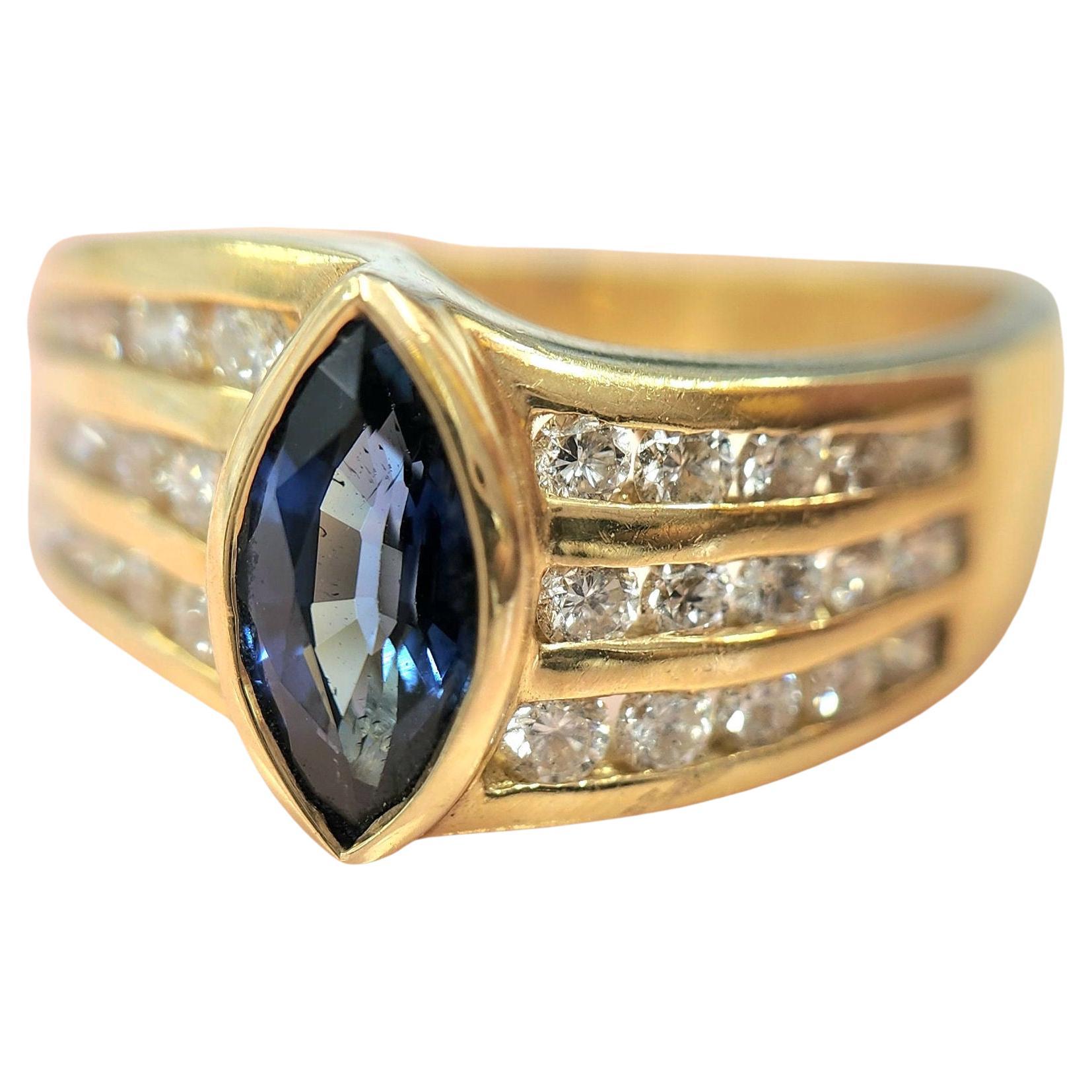 14K Yellow Gold Blue Sapphire Marquise European Shank Diamond Ring Band