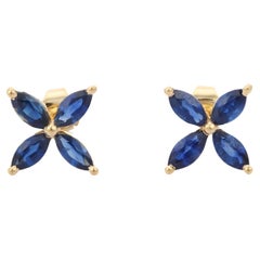 14k Yellow Gold Blue Sapphire Minimalist Pushback Stud Earrings For Her