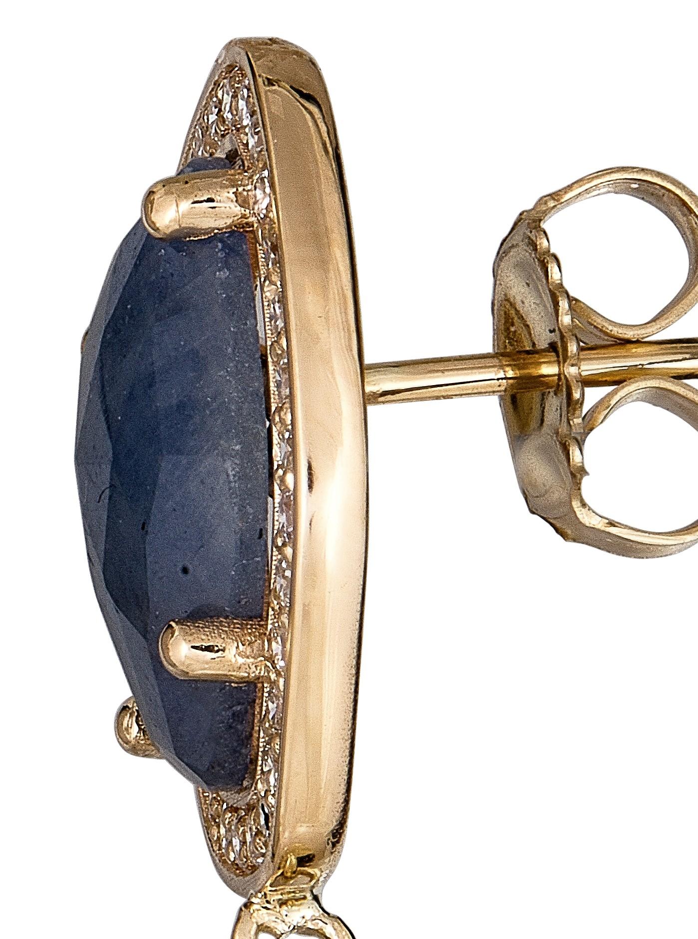 Round Cut 14k Yellow Gold Blue Sapphire Slice Diamond Pearl Drop Earrings For Sale