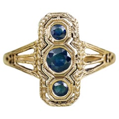 Bague à trois pierres en or jaune 14K, saphir bleu, style vintage filigrané