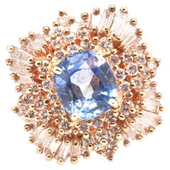 14K Yellow Gold Blue Sapphire with GIA report and Diamond Cocktail Ballerina Rin