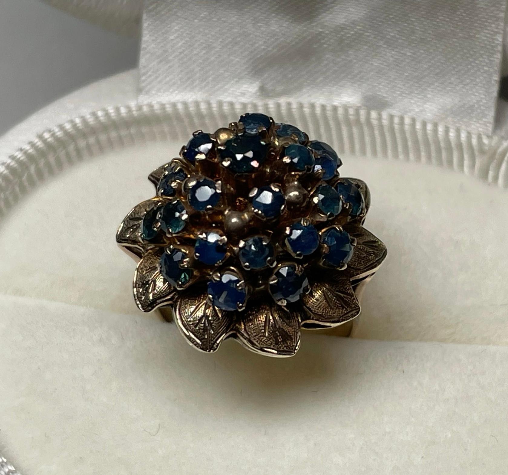 14k Yellow Gold Blue Sapphires Dome Cocktail Ring For Sale 7