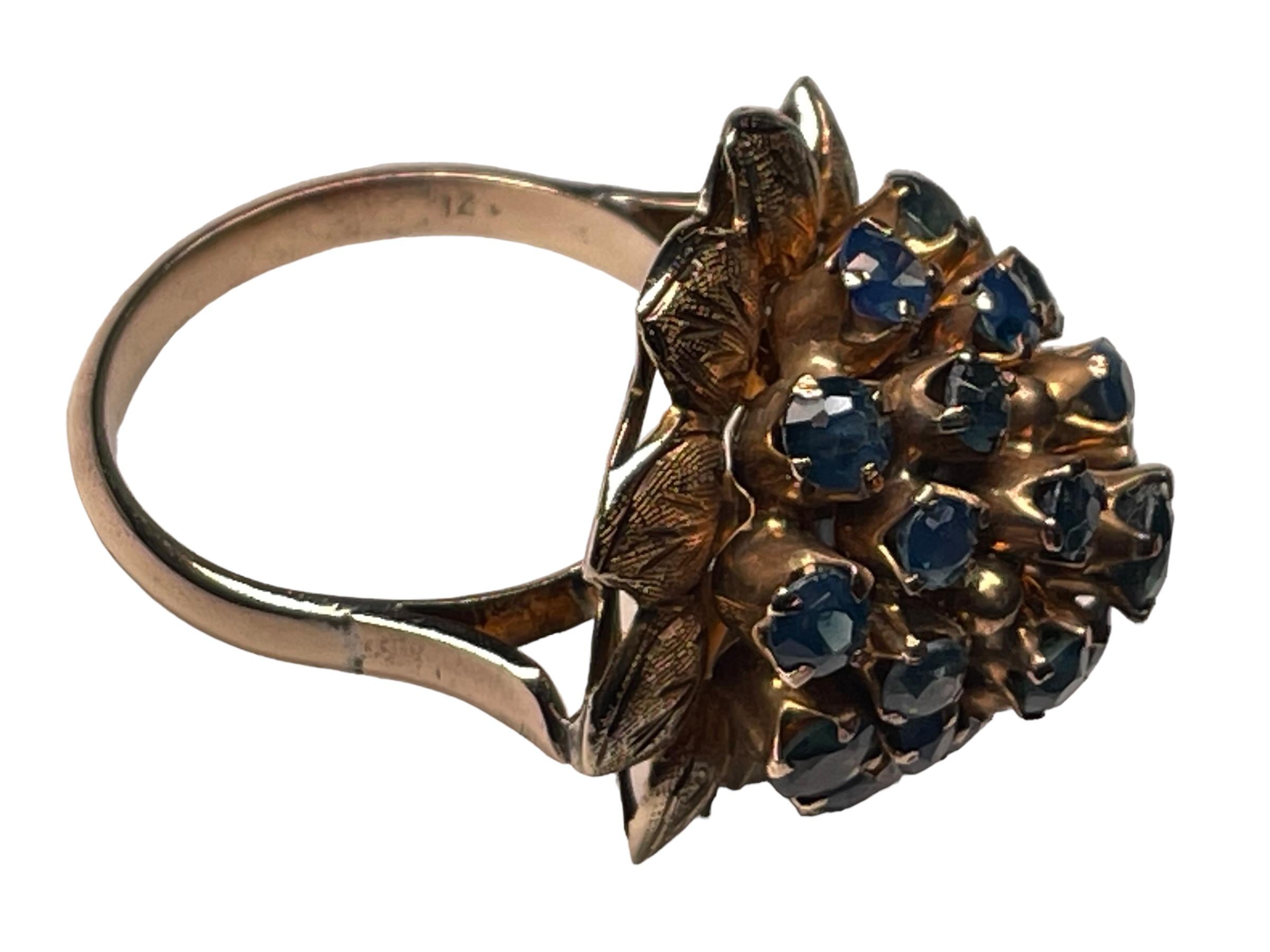 14k Yellow Gold Blue Sapphires Dome Cocktail Ring For Sale 8
