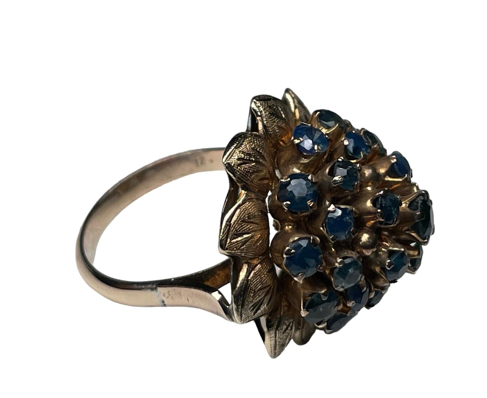 14k Yellow Gold Blue Sapphires Dome Cocktail Ring For Sale 11