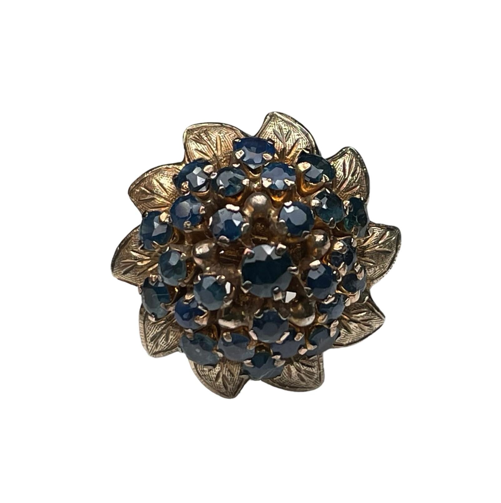 14k Yellow Gold Blue Sapphires Dome Cocktail Ring For Sale 13