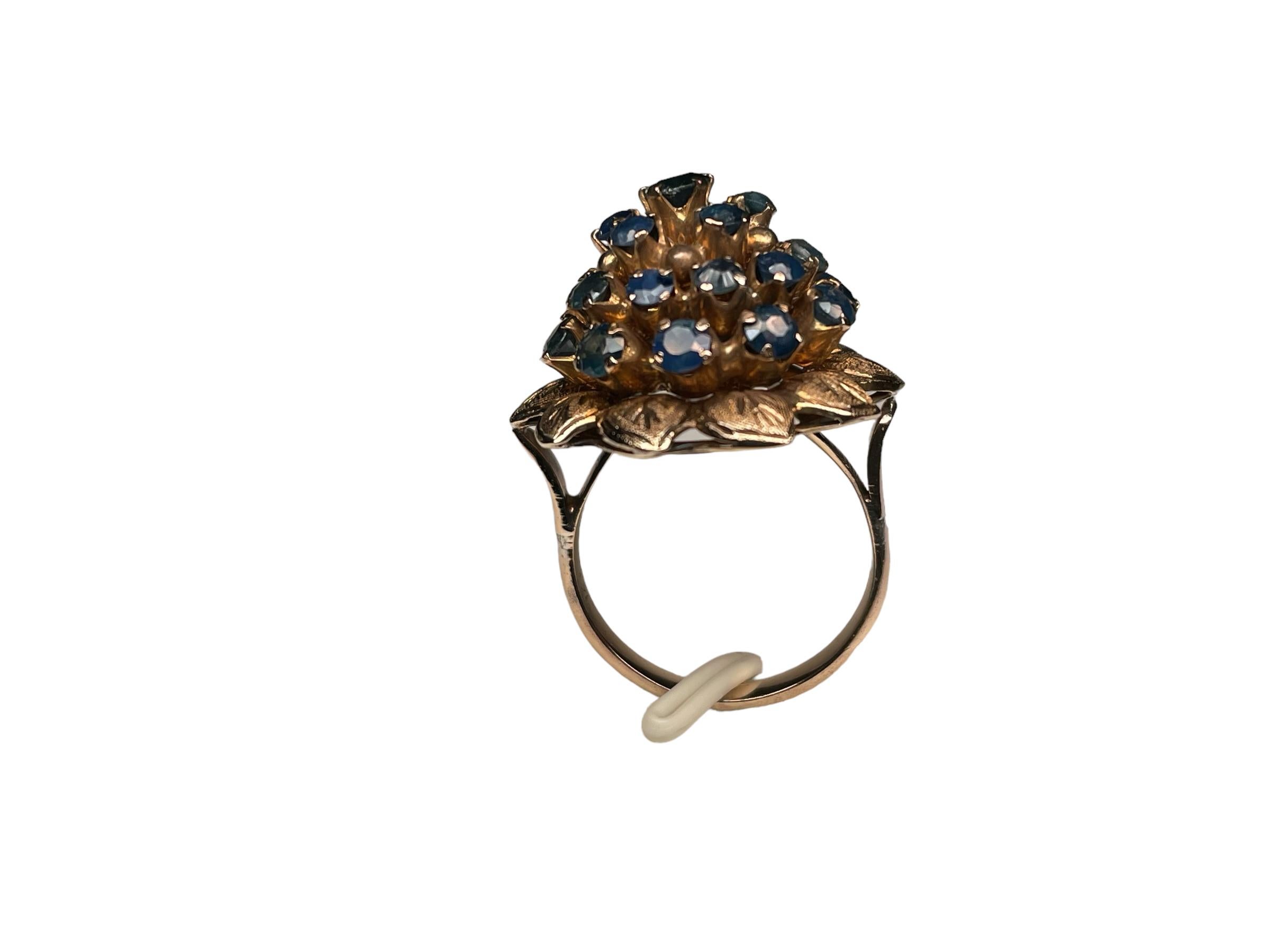 Round Cut 14k Yellow Gold Blue Sapphires Dome Cocktail Ring For Sale
