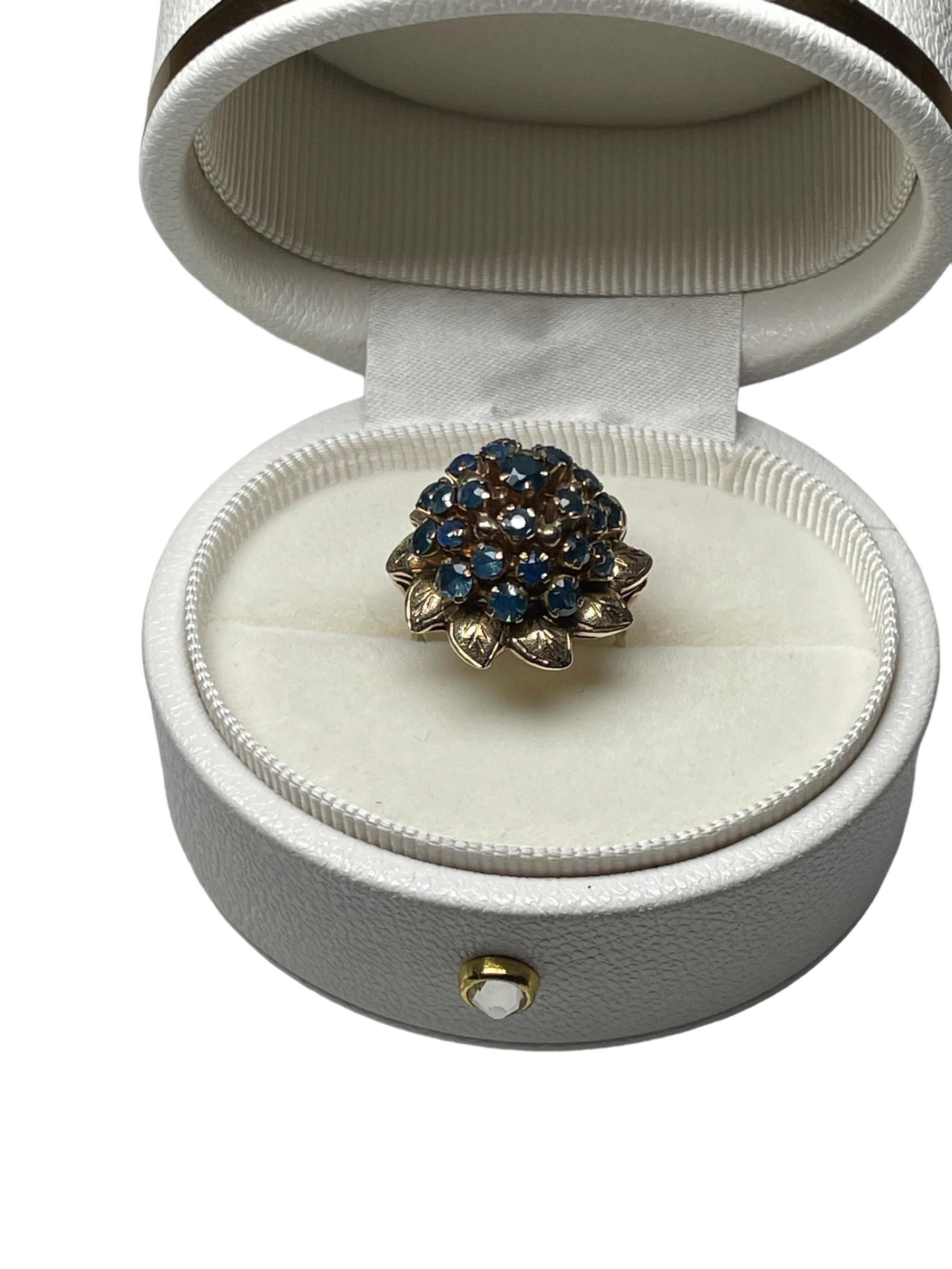 Women's 14k Yellow Gold Blue Sapphires Dome Cocktail Ring For Sale