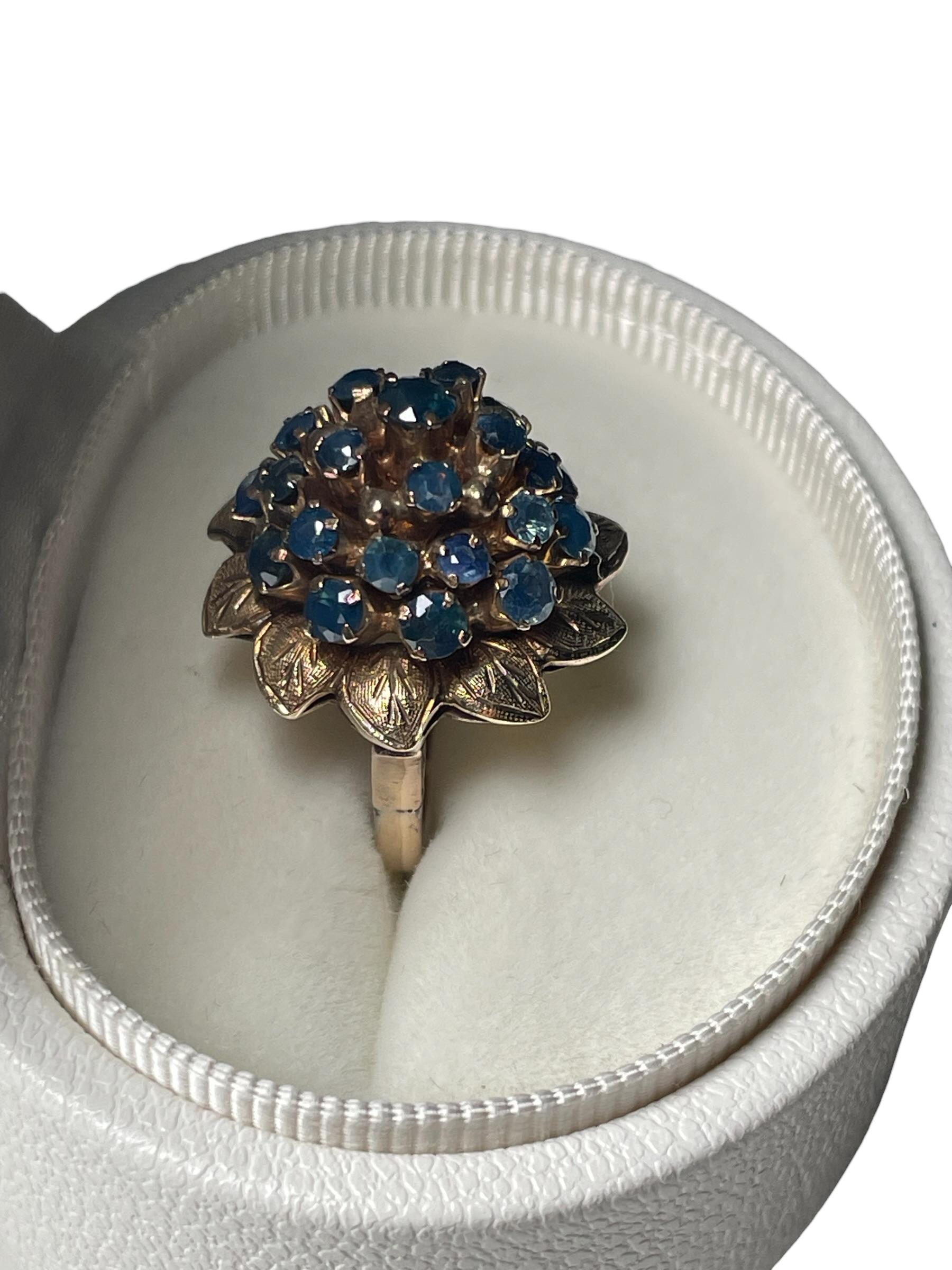 14k Yellow Gold Blue Sapphires Dome Cocktail Ring For Sale 1