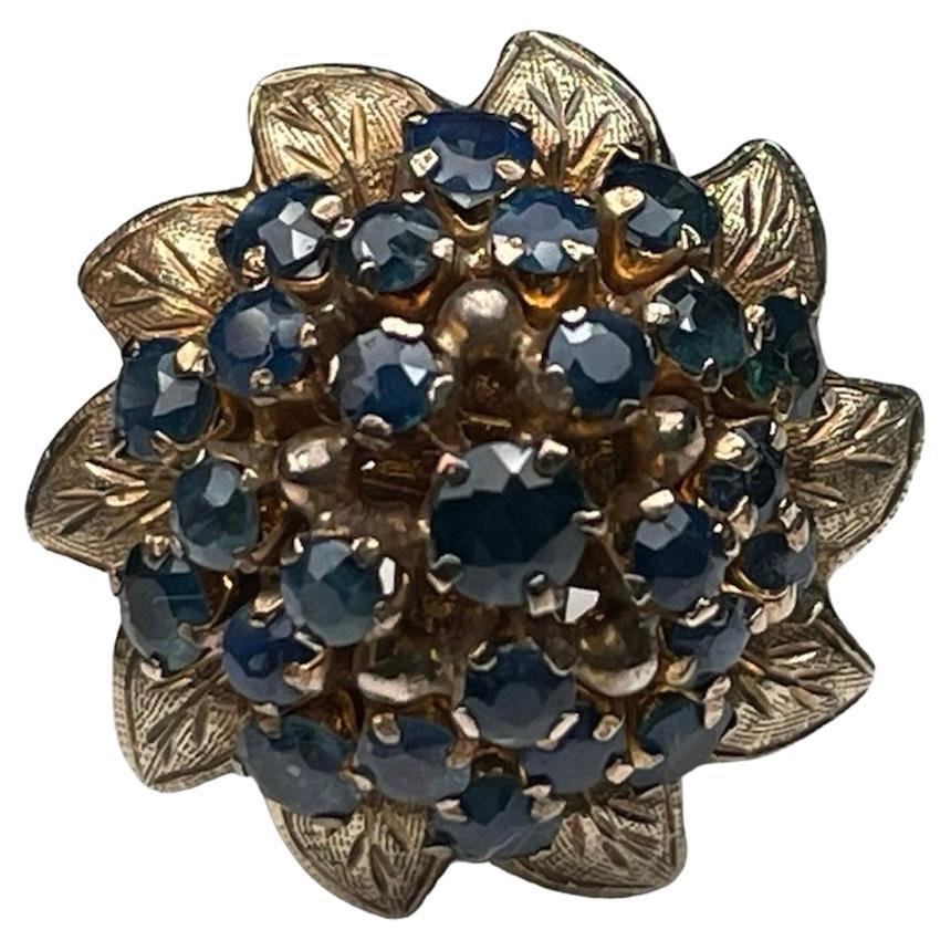 14k Yellow Gold Blue Sapphires Dome Cocktail Ring For Sale