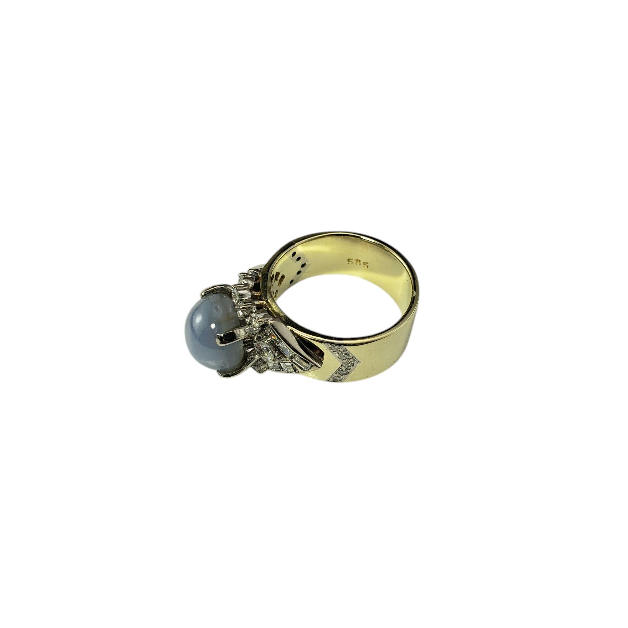 14K Yellow Gold Blue Star Sapphire and Diamond Ring Size 6.5 JAGi Certified-

This stunning ring features one round cabochon cut natural blue star sapphire gemstone, 12 baguette cut diamonds and 20 round brilliant cut diamonds set in classic 14K