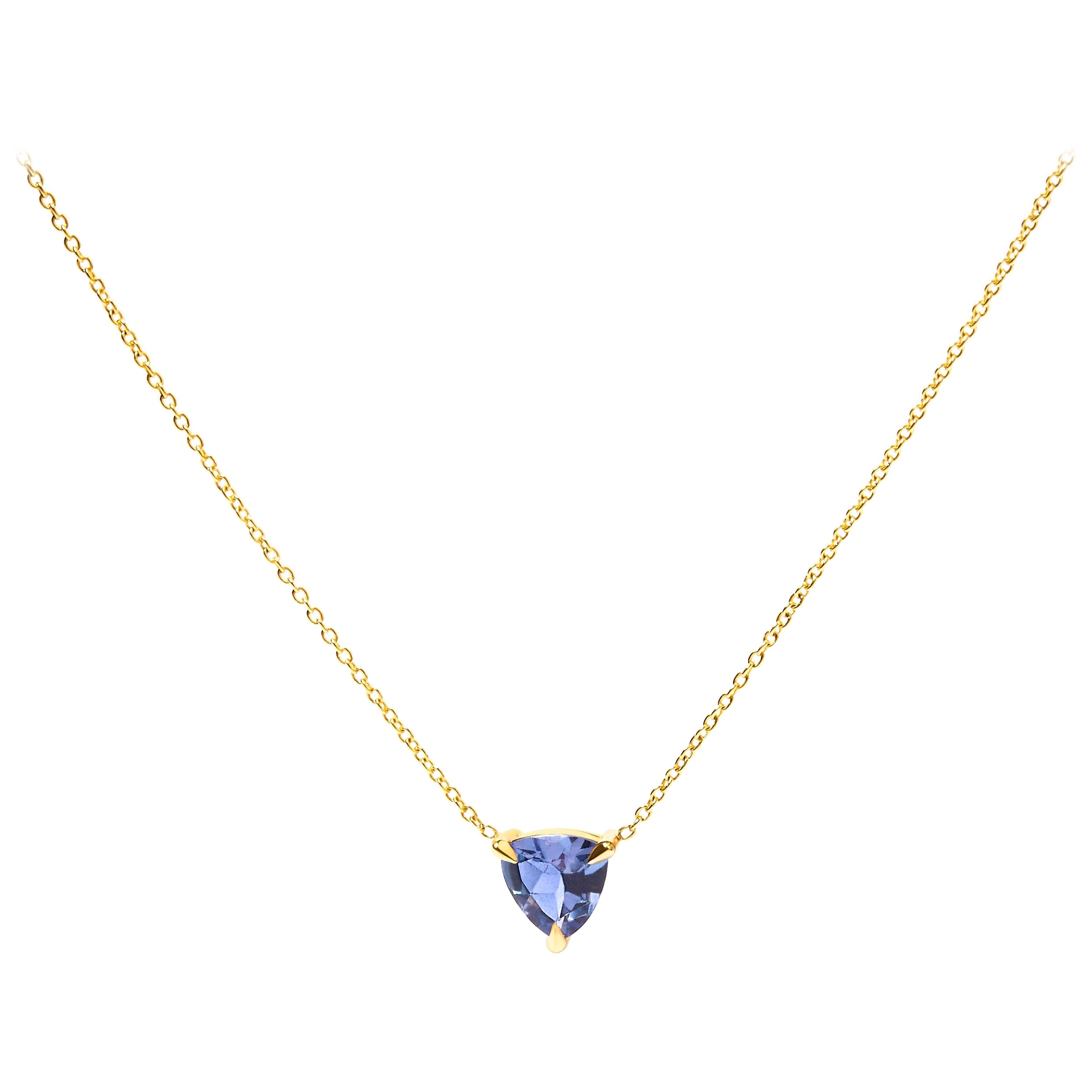 Collar Colgante Solitario Trillón Tanzanita Azul Oro Amarillo 14K 18