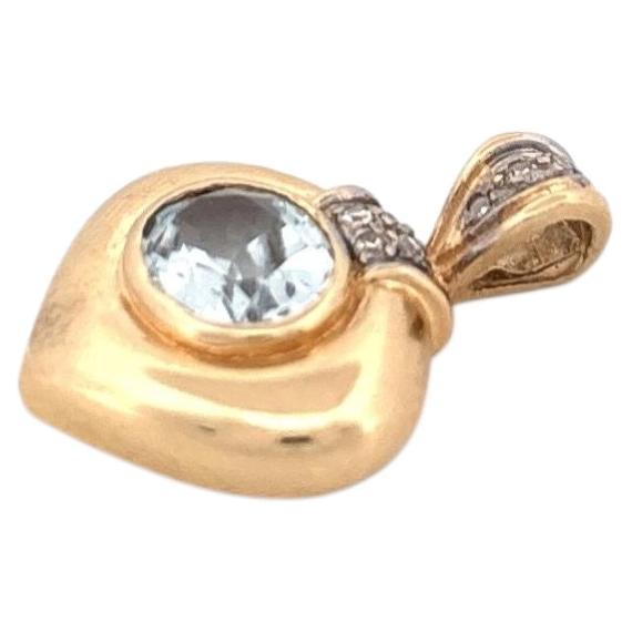 14K Yellow Gold Blue Topaz 0.50c & Diamond 0.07c Pendant For Sale