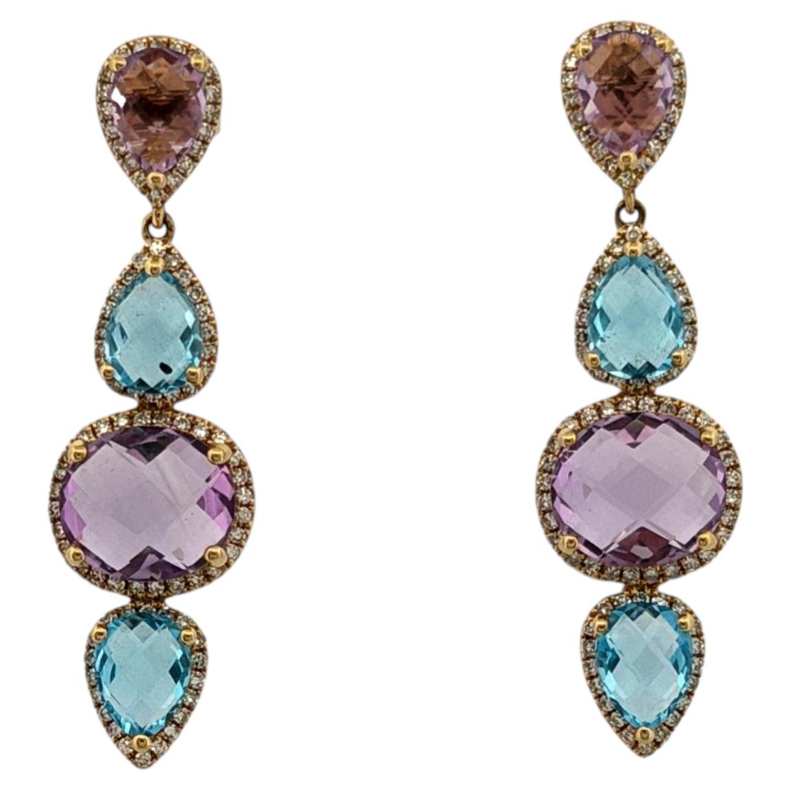 14K Gelbgold Blautopas, Amethyst & Diamant Ohrringe 7.00ctw Edelsteine
