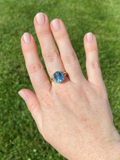14K Yellow Gold Blue Topaz and Diamond Ring December Birthstone