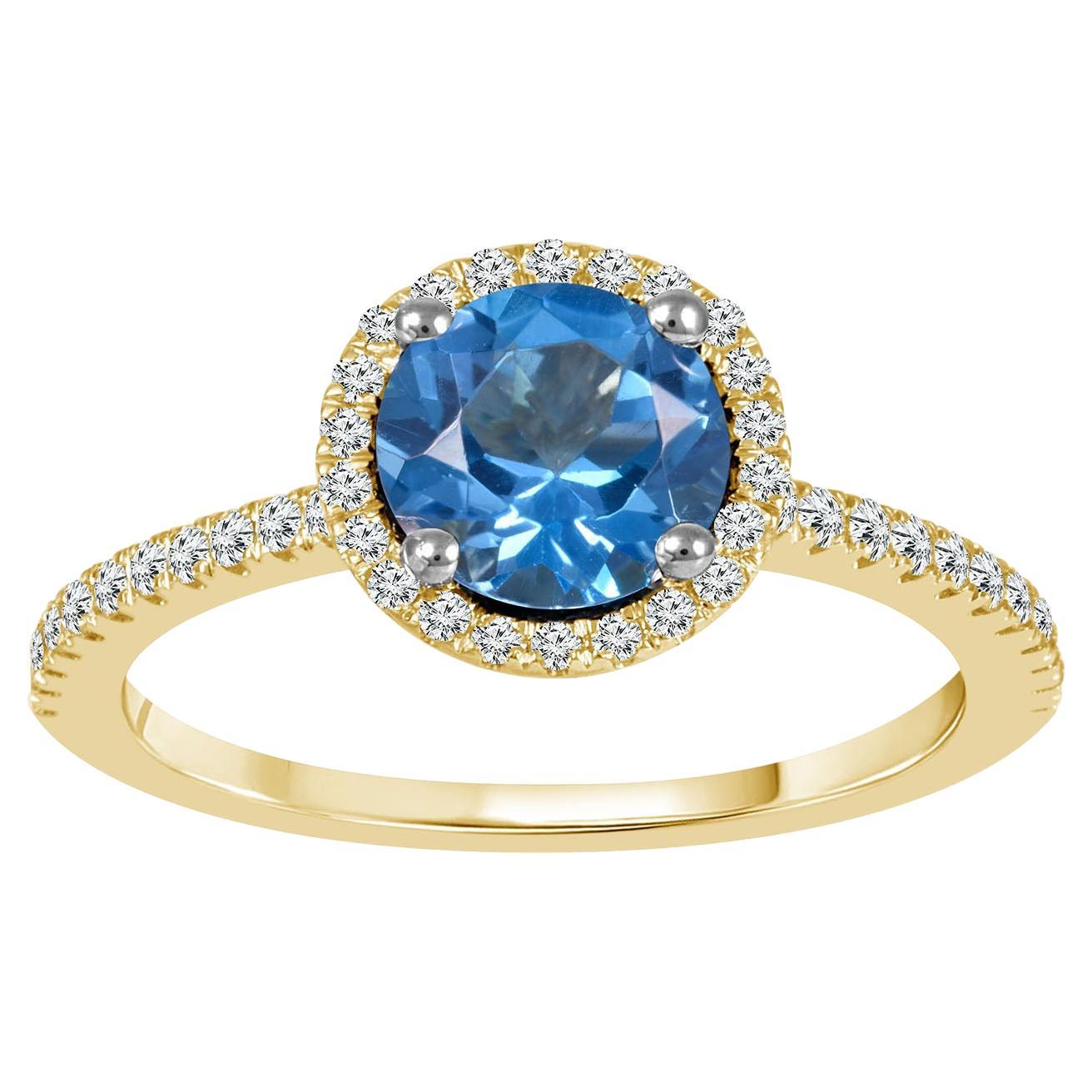 14K Yellow Gold Blue Topaz and Diamond Ring For Sale