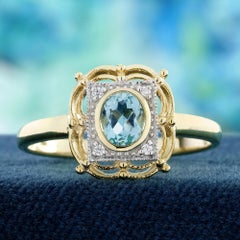 14K Yellow Gold Blue Topaz and Diamond Vintage Style Halo Engagement Ring