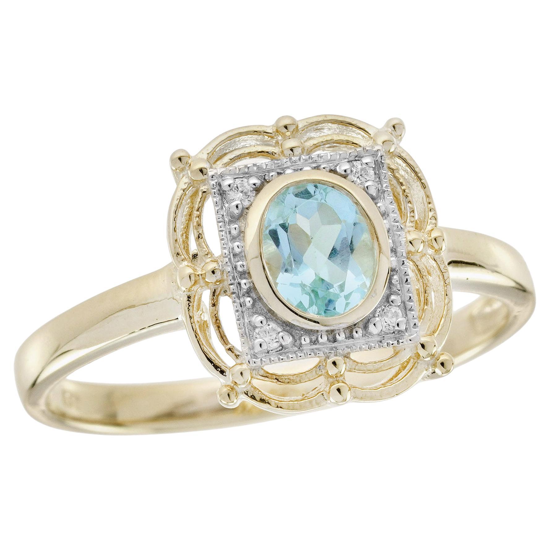 14K Yellow Gold Blue Topaz and Diamond Vintage Style Halo Engagement Ring