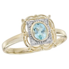 14K Yellow Gold Blue Topaz and Diamond Vintage Style Halo Engagement Ring