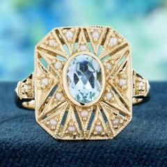 14K Yellow Gold Blue Topaz and Pearl Vintage Style Halo Ring