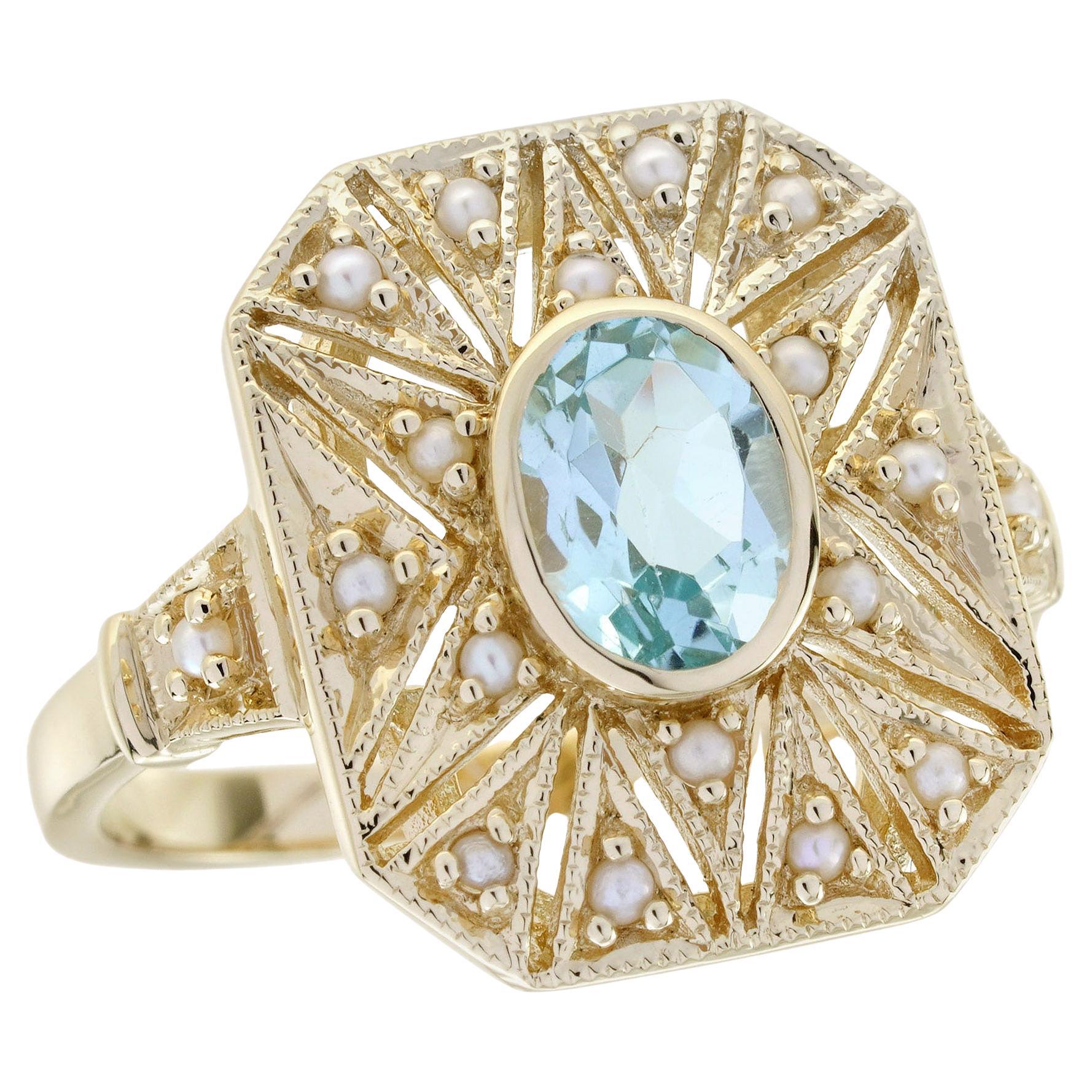 14K Yellow Gold Blue Topaz and Pearl Vintage Style Halo Ring