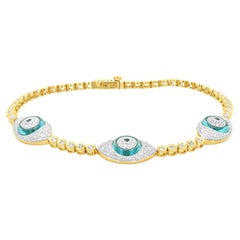 14k Yellow Gold Blue Topaz, Blue Sapphire, and Pave Diamond Evil Eye Bracelet
