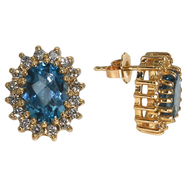 14K Yellow Gold Blue Topaz & Diamond Earrings For Sale