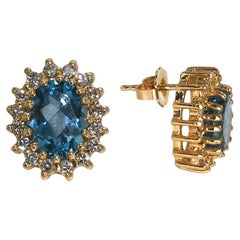 14K Yellow Gold Blue Topaz & Diamond Earrings